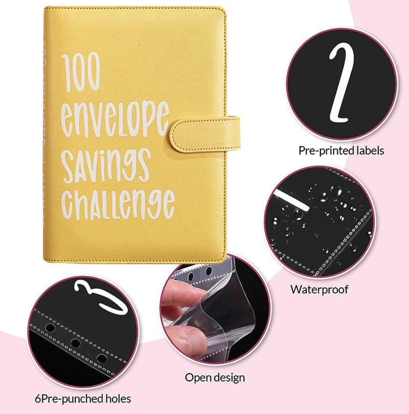 AASLOB 100 Envelopes Money Saving Challenge, 100 Envelope Challenge Binder, Easy and Fun Way to Save $5,050, Savings Challenges Budget Book Binder with Cash Envelopes for Office,Home,School (Yellow) - Image 3